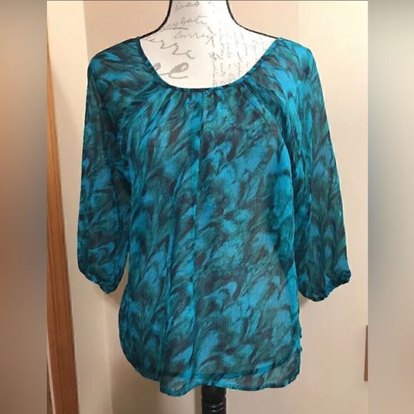 Express Women's 3/4 Sleeve Blue Swirled Pattern Semi Sheer Top Shirt - Size S - Picture 1 of 8
